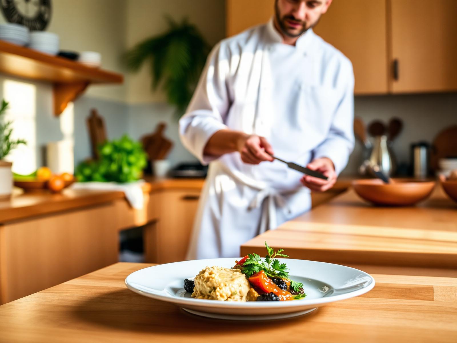 Un chef prépare un dîner privé dans une cuisine chaleureuse
